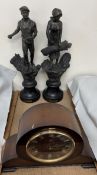 A pair of spelter figures titled L'Agriculture together with a Smiths Enfield mantle clock