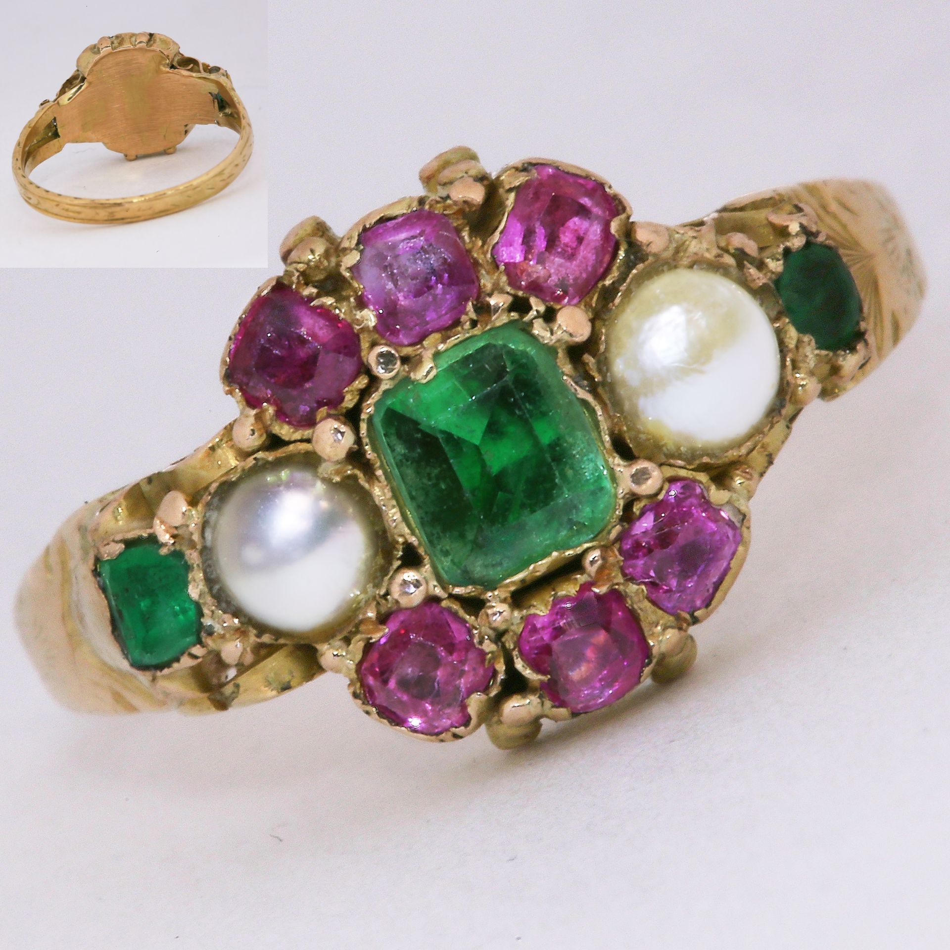 ANTIQUE EMERALD RUBY AND PEARL RING