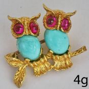 SWEET TURQUOISE AND RUBY DOUBLE OWL BROOCH