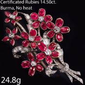 MAGNIFICENT VICTORIAN CERTIFICATED BURMA NO HEAT AND DIAMOND FLORAL BROOCH