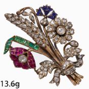 ANTIQUE DIAMOND RUBY SAPPHIRE AND EMERALD FLORAL SPRAY BROOCH