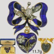 FINE VICTORIAN ENAMEL AND DIAMOND HEART AND BOW BROOCH
