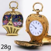 EXTREMELY RARE SWISS ENAMEL GOLD POCKET WATCH IN THE SHAPE OF A FLOWER BASKET