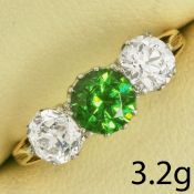 FINE DEMANTOID GARNET AND DIAMOND 3-STONE RING