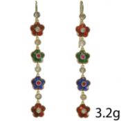 PAIR OF ENAMEL RUBY AND DIAMOND DROP EARRINGS