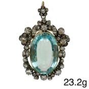 FINE ANTIQUE AQUAMARINE AND DIAMOND BROOCH/PENDANT