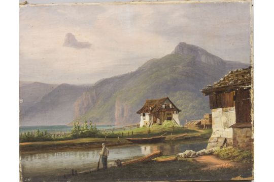 Unbekannter Künstler, 'Bergsee mit Fischer' / Mountain lake with fisherman, 19. Jh. - Bild 1 aus 2