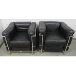 A pair of Fauteuil Grand Confort style lounge chairs, chrome and black leather. H64cm x W76 x D70cm