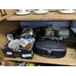 Panasonic radio, two boxes containing pottery, a silver plated tray and an Art Pottery vase