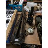 An E.R. Watts & Son theodolite, a tripod stand and a gimballed brass miner's compass