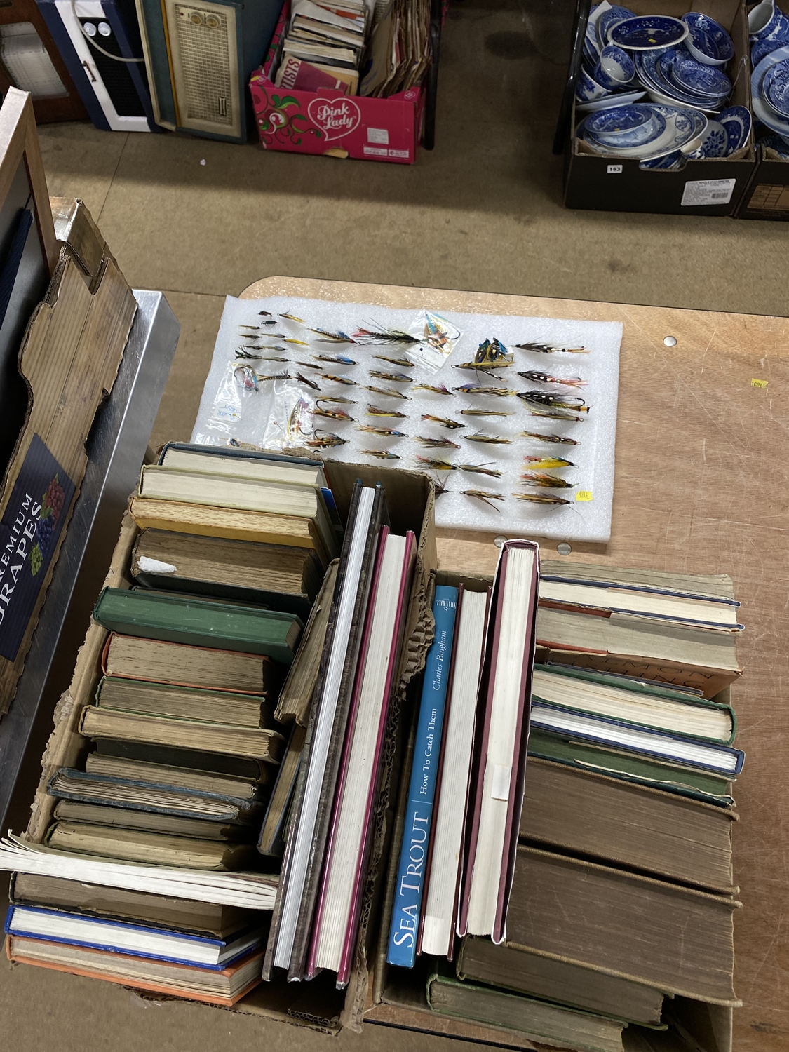 Two boxes of fishing books and a selection of fishing flies