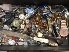Unsorted box of jewellery, costume jewellery, watc