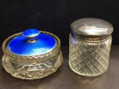 Silver & enamel lidded powder pot & 1 other silver