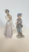 Lladro & Nao porcelain figurines, including a young fisherman with rod and basket, and an elegant
