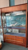 Large mahogany and glass display cabinet with mirrored back and fabric-lined base. Features