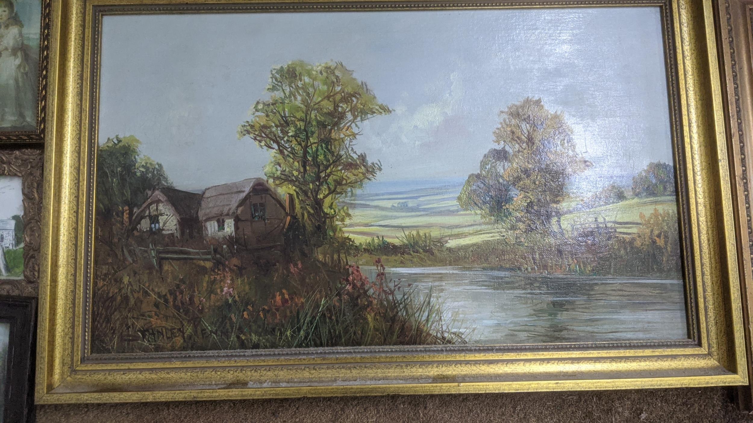 A group of paintings and prints to include river landscape scenes, one example in a glazed guilt - Image 2 of 12