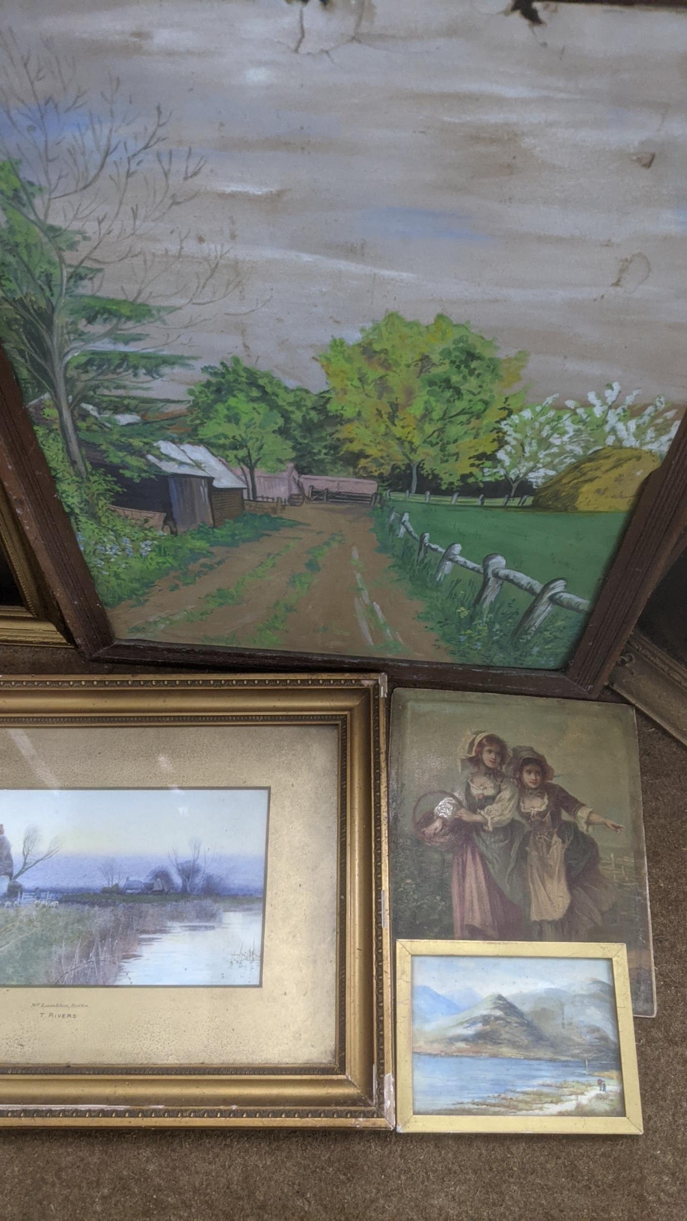 A group of paintings and prints to include river landscape scenes, one example in a glazed guilt - Image 4 of 12