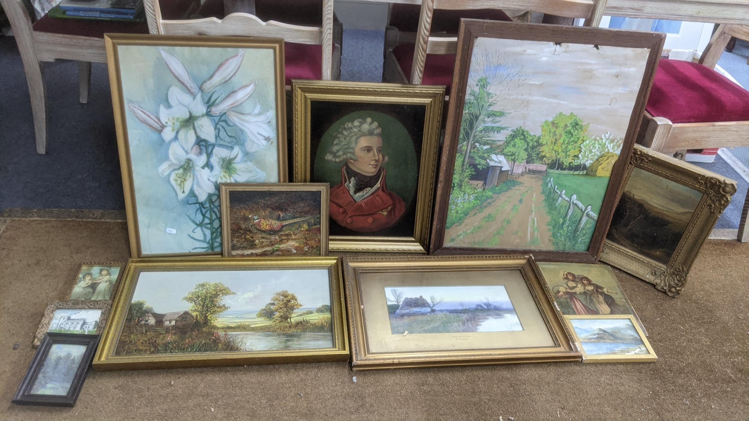 A group of paintings and prints to include river landscape scenes, one example in a glazed guilt