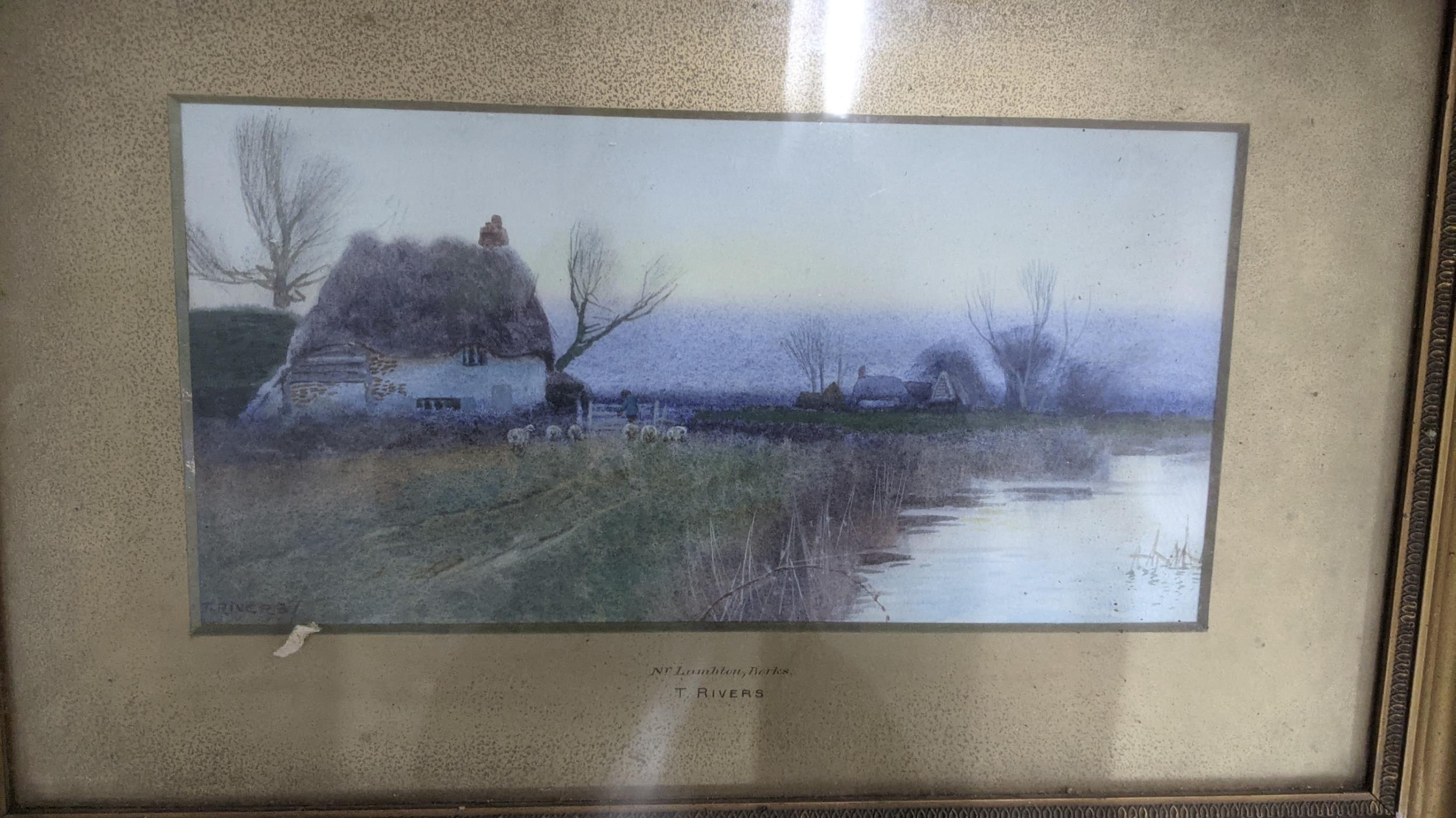 A group of paintings and prints to include river landscape scenes, one example in a glazed guilt - Image 3 of 12