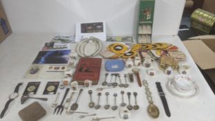Mixed collectables to include collector's spoons W H Goss Crested china, First Day covers, a