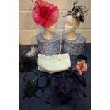 A quantity of hats, fascinators, head bands and a vintage white leather Esprit shoulder bag A/F