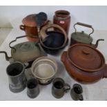 Two copper kettles, 18th Century pewter tankards, pottery kitchenware, brass ornaments and a vintage