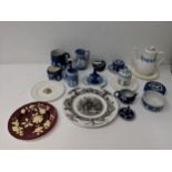 Wedgwood ceramics to include Etruria Queensware, teapot, lidded pot and ash tray, Jasper stoneware