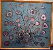 A 1970's very large Swedish embroidered 3-dimensional mixed-media picture of a peacock on a teal