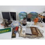 A mixed lot of household items to include a Tiffany style table lamp, a Swarovski vase A/F and other