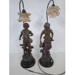 A pair of French Art Nouveau table lamps depicting a country girl and boy with glass shades, stamped