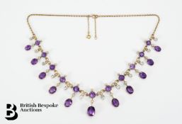 9ct Gold Amethyst, Seed Pearl Necklace