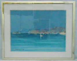 Framed and glazed watercolour of Cote d Azure indistinctly signed bottom left, 45.5 x 62cm