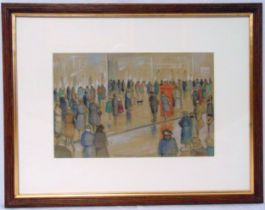 Donald Hughes framed and glazed pastel of figures in a street scene, signed bottom centre, 22.5 x