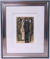 Schmuer framed and glazed watercolour of four figures, signed bottom right, 34 x 16cm