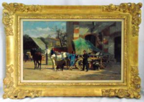 Jules Antoine Voirin framed oil on canvas of figures by a stable with horses ,a cart and houses,