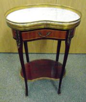 A French Louis XV style walnut kidney shaped two-tier lamp table with white marble and pierced brass