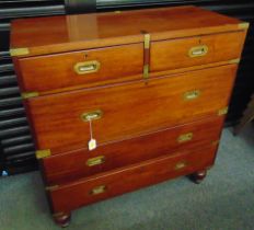 A 19th century rectangular mahogany campaign chest with five drawers, brass handles and fittings,