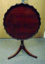 George III style tilt-top tripod table, pierced pie crust border on turned column support and