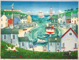 Peter Adderley polychromatic print on canvas of a Harbour scene, signed bottom left, 75 x 100cm