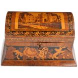 Tunbridge Ware, a 19th century walnut dome top tea caddy, mosaic picture of Battle Abbey to lid