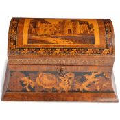 Tunbridge Ware, a 19th century walnut dome top tea caddy, mosaic picture of Battle Abbey to lid
