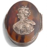 An 18th century oval tortoiseshell and silver-mounted snuff box, with relief embossed portrait of