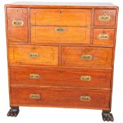 A 19th century teak and camphorwood military campaign secretaire chest of drawers in 2 parts, with