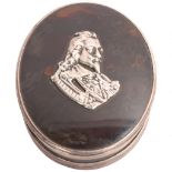 An 18th century oval tortoiseshell and silver-mounted snuff box, applied relief silver portrait of
