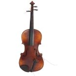 An early 20th century violin, back length 35.5cm, with 3 bows and wood case