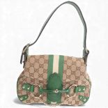 GUCCI - a brown canvas GG monogram Horsebit Web shoulder bag, with green leather strap, serial no.