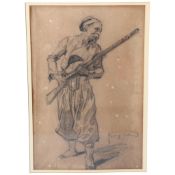R Guillaume, study of a Turkish soldier with rifle, charcoal on brown paper, 41cm x 28cm, framed