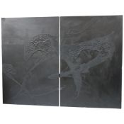 Alyse Stone RA, pair of black textured large scale abstract compositions from the Labyrinth