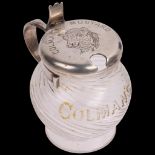 An Antique silver plate mounted glass 'Colman's Mustard' condiment pot, circa 1900, the spiral glass