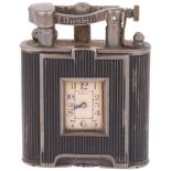 DUNHILL - an Art Deco silver and black enamel combination pocket lighter and watch, circa 1930,